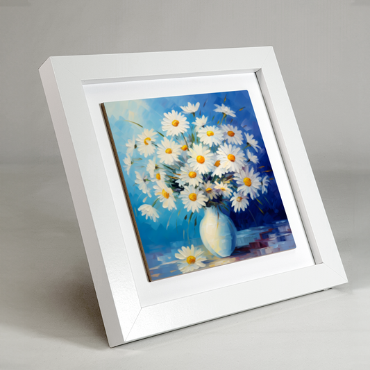 Sunlit Daisies in Blue Framed Ceramic Art Tile