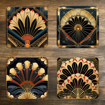 Deco Elegance In Red Art Deco Set Of 4 PU Leather Coasters