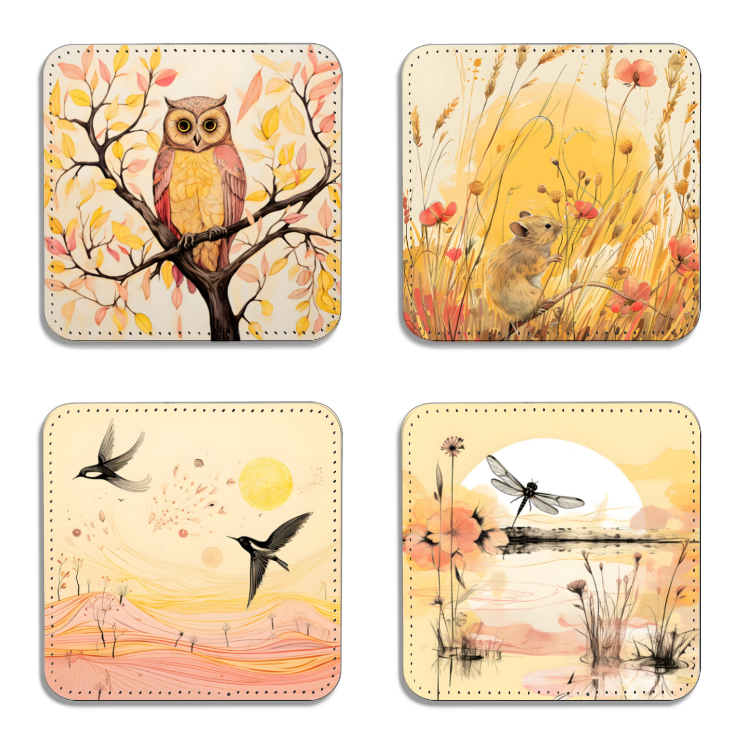 Whimsical Wildlife Set Of 4 PU Leather Coasters Set 1