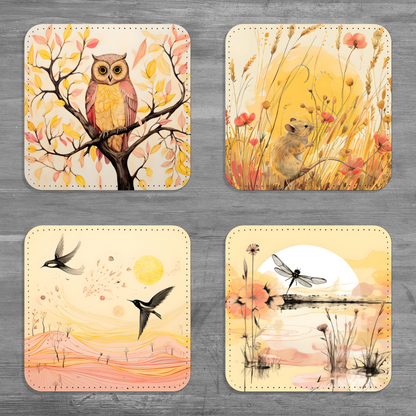 Whimsical Wildlife Set Of 4 PU Leather Coasters Set 1