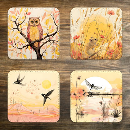 Whimsical Wildlife Set Of 4 PU Leather Coasters Set 1