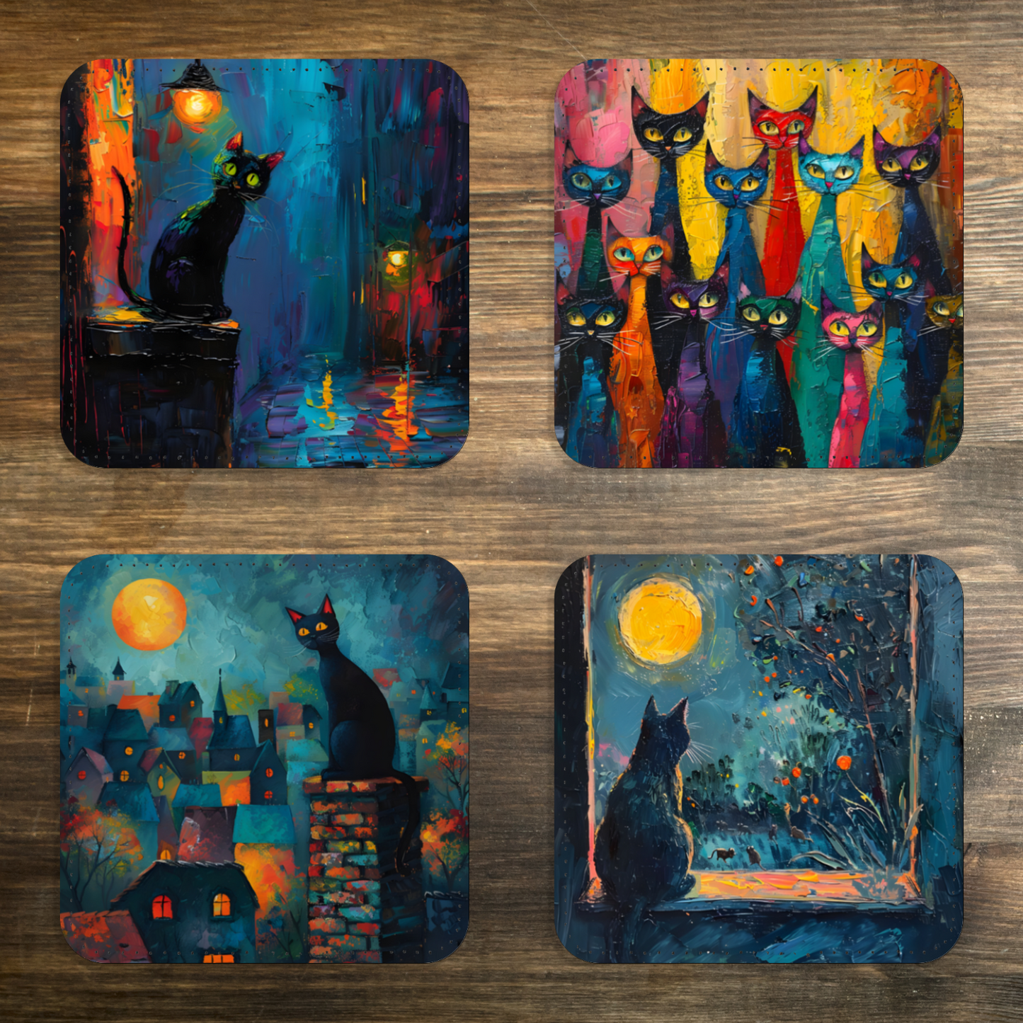 Mystic Felines Set Of 4 PU Leather Coasters