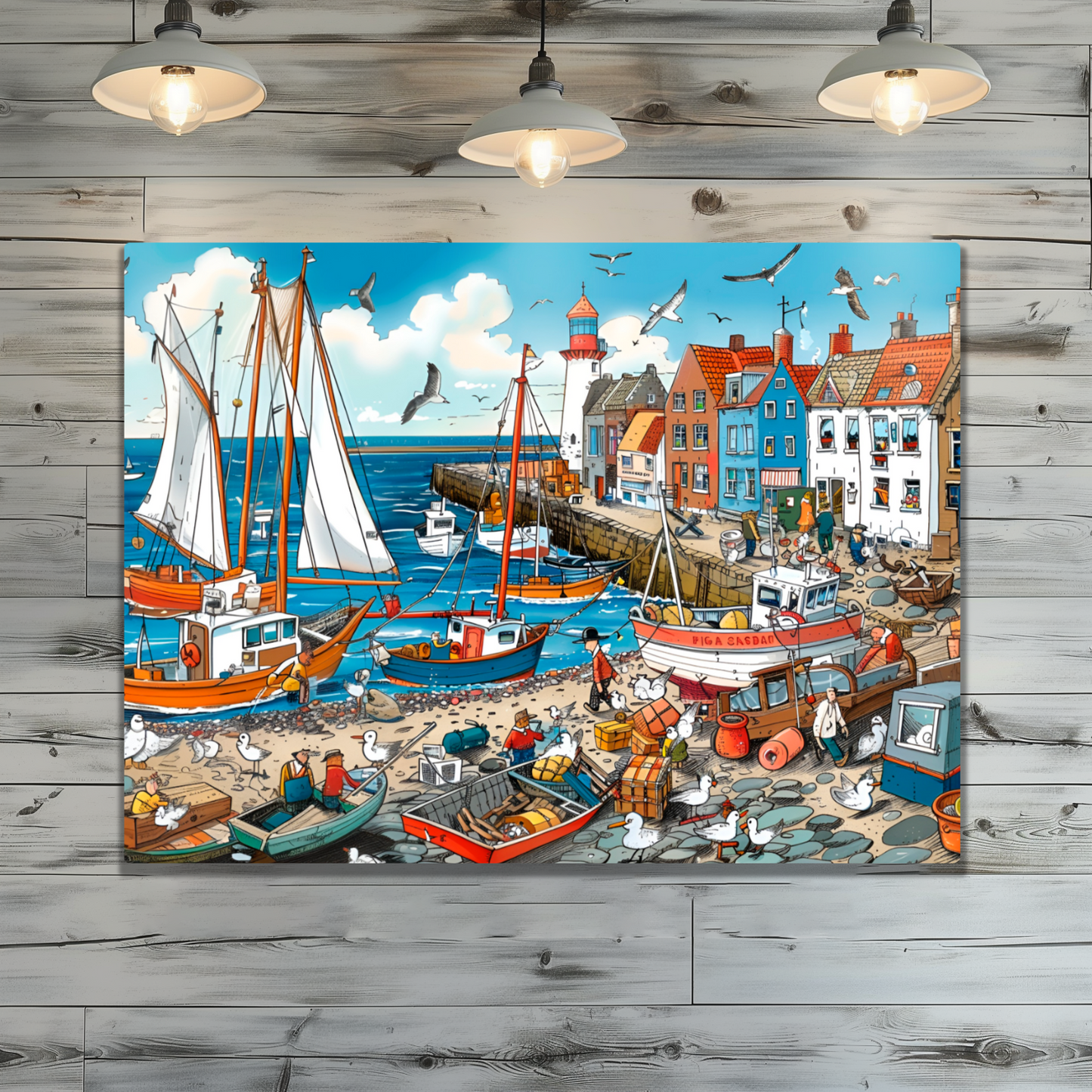 Seaside Harbor Bustle Premium Landscape Aluminum Prints