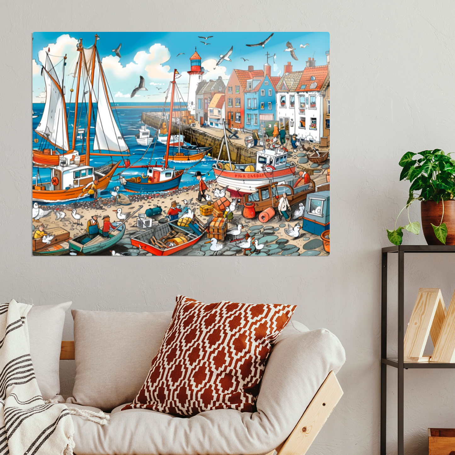 Seaside Harbor Bustle Premium Landscape Aluminum Prints