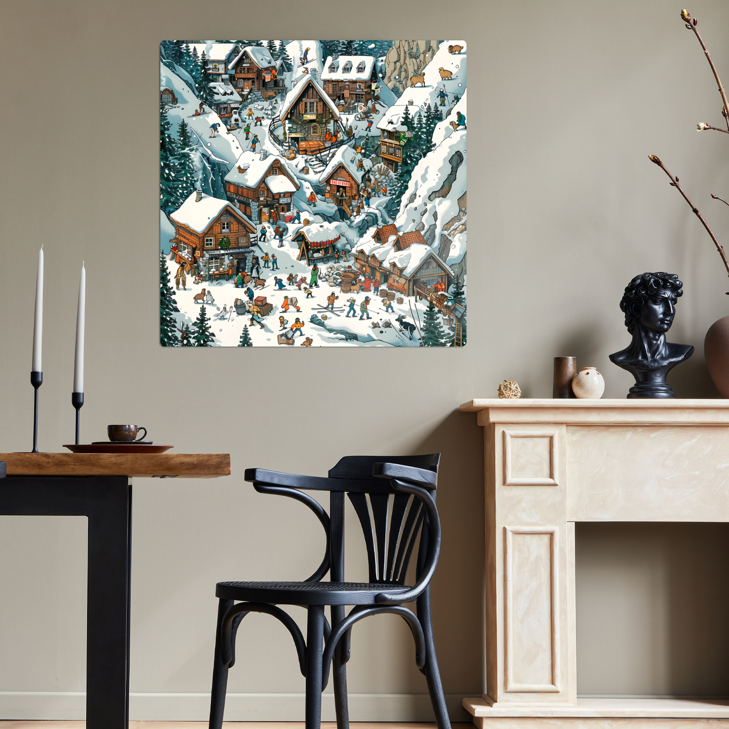 Snowy Mountain Village Premium Square Aluminum Prints