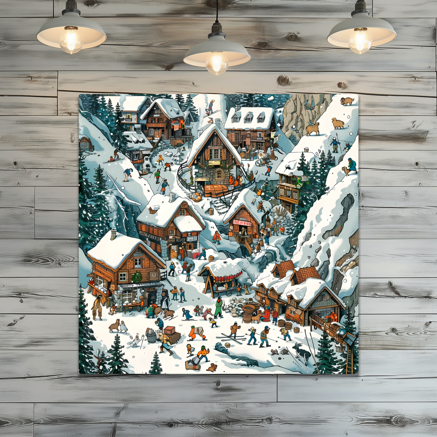 Snowy Mountain Village Premium Square Aluminum Prints