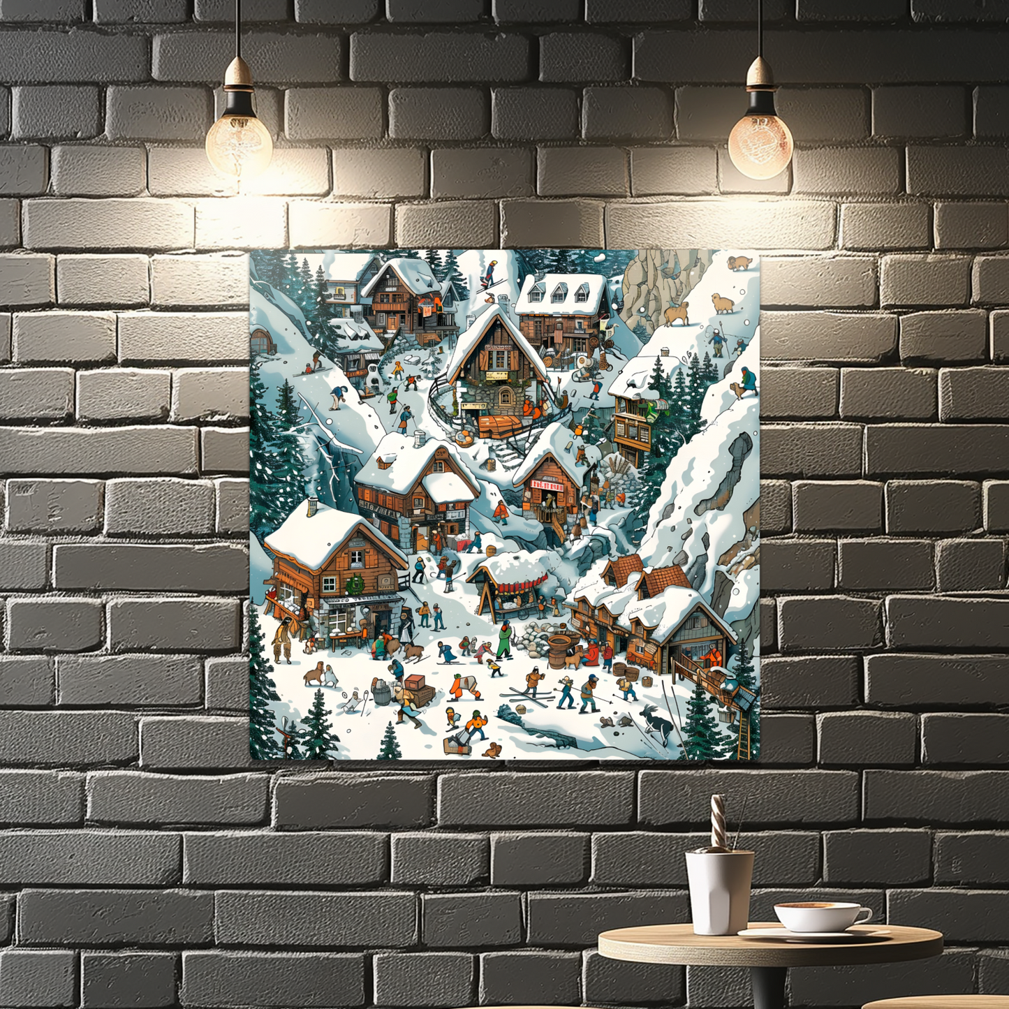 Snowy Mountain Village Premium Square Aluminum Prints