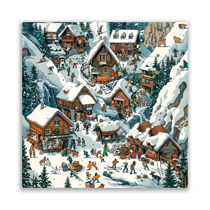 Snowy Mountain Village Premium Square Aluminum Prints