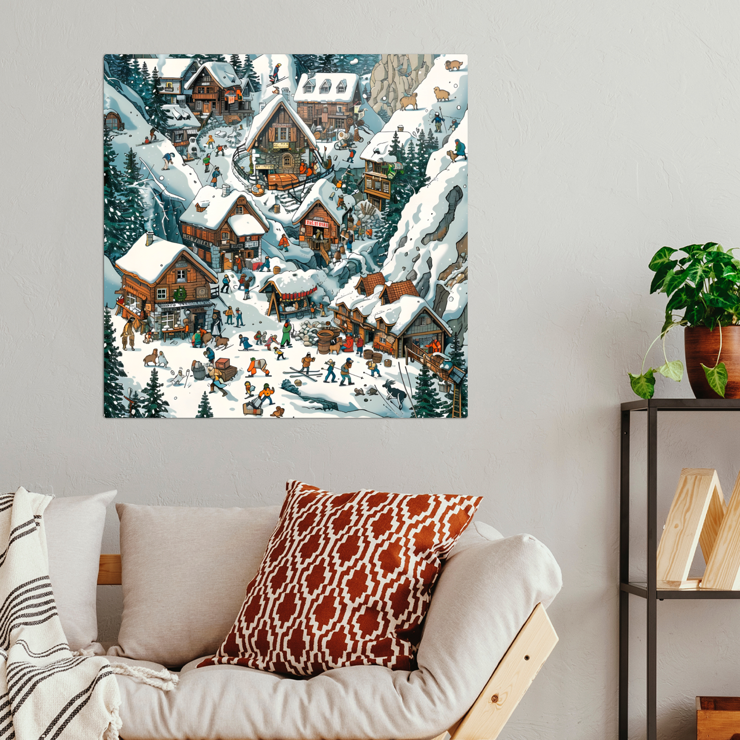 Snowy Mountain Village Premium Square Aluminum Prints