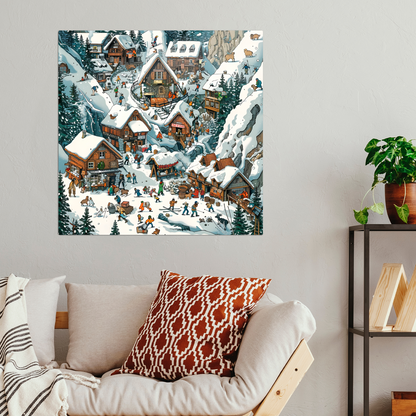 Snowy Mountain Village Premium Square Aluminum Prints