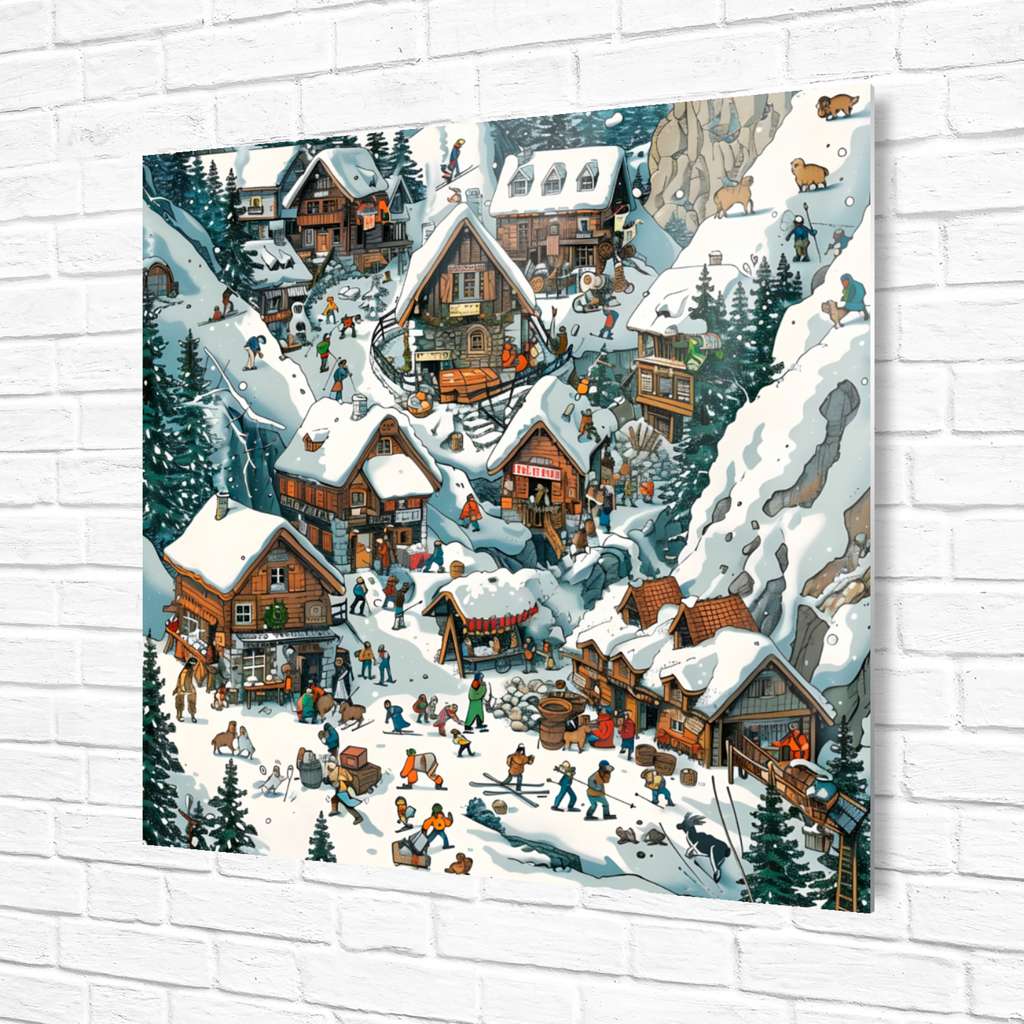 Snowy Mountain Village Premium Square Aluminum Prints