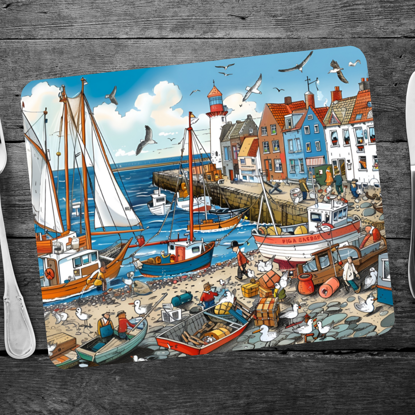 Seaside Harbor Bustle Wooden Placemat