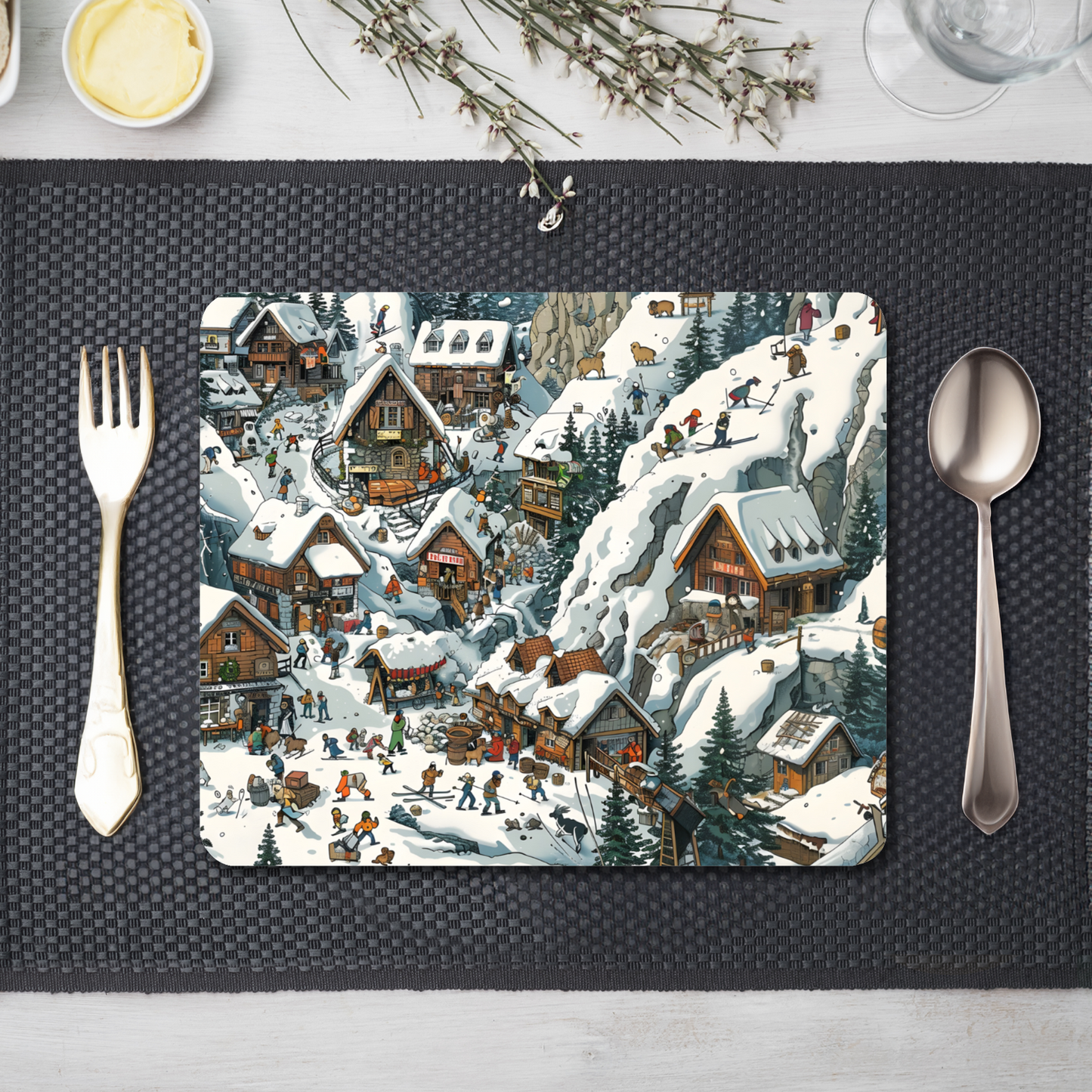 Snowy Mountain Village Wooden Placemat