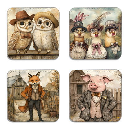 Farmyard Elegance Set Of 4 PU Leather Coasters