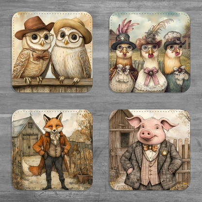 Farmyard Elegance Set Of 4 PU Leather Coasters