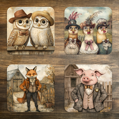 Farmyard Elegance Set Of 4 PU Leather Coasters