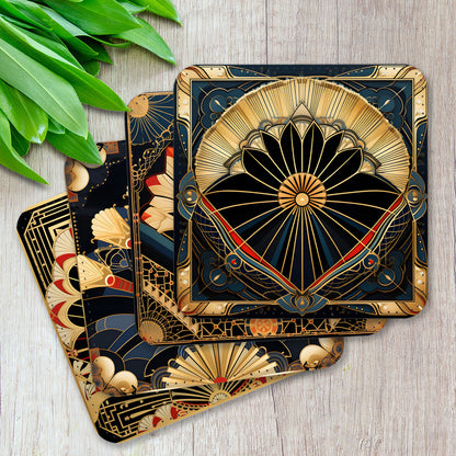 Deco Elegance In Red Art Deco Set Of 4 PU Leather Coasters