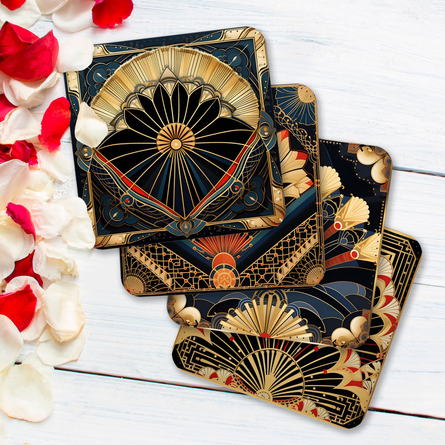 Deco Elegance In Red Art Deco Set Of 4 PU Leather Coasters