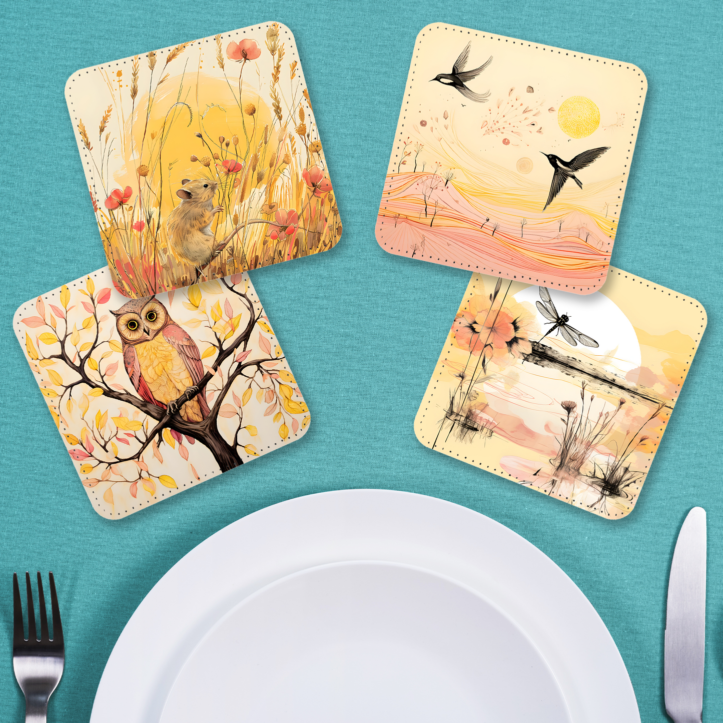 Whimsical Wildlife Set Of 4 PU Leather Coasters Set 1