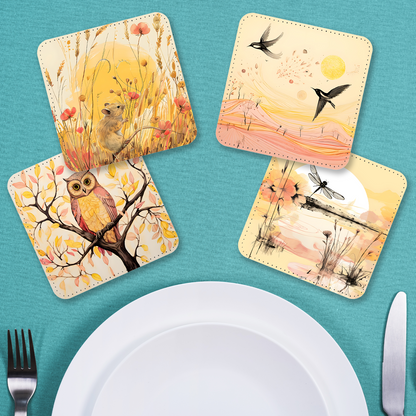 Whimsical Wildlife Set Of 4 PU Leather Coasters Set 1