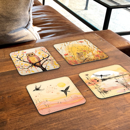 Whimsical Wildlife Set Of 4 PU Leather Coasters Set 1