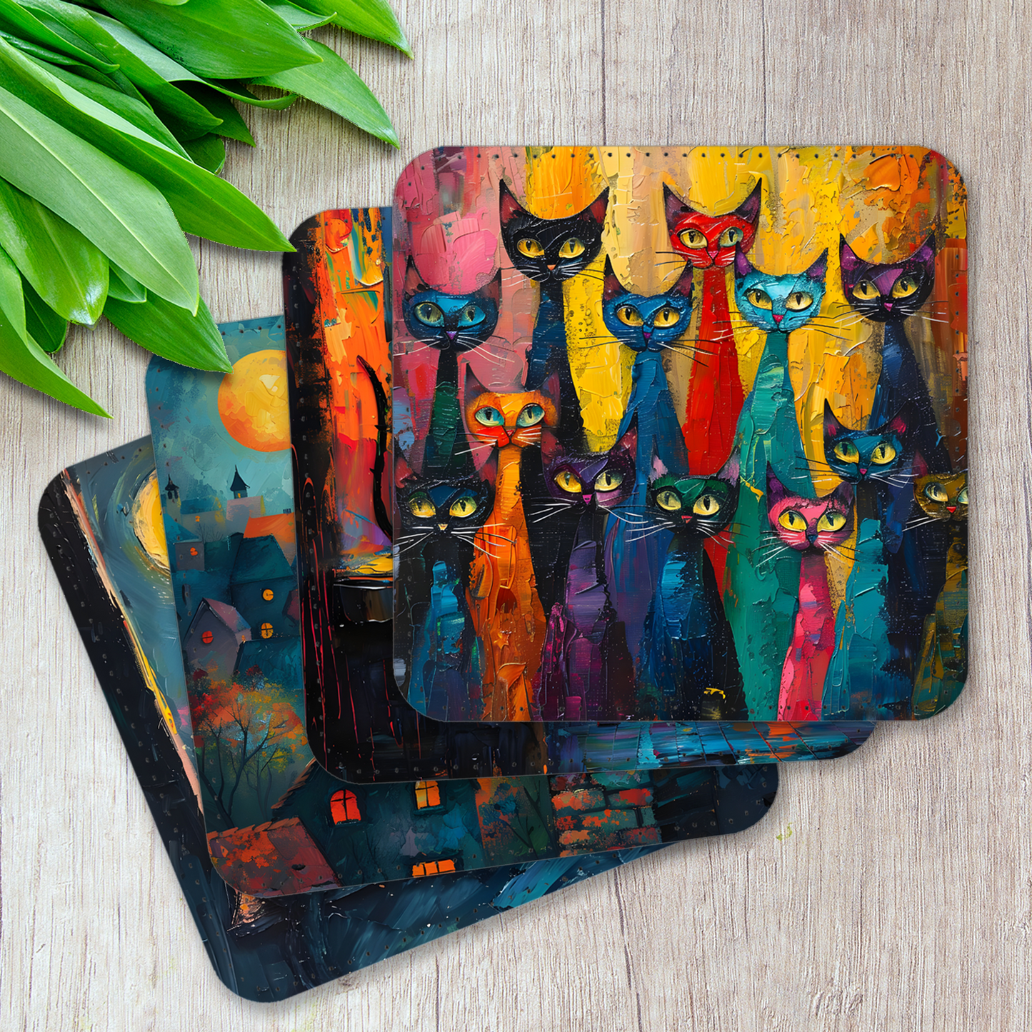 Mystic Felines Set Of 4 PU Leather Coasters