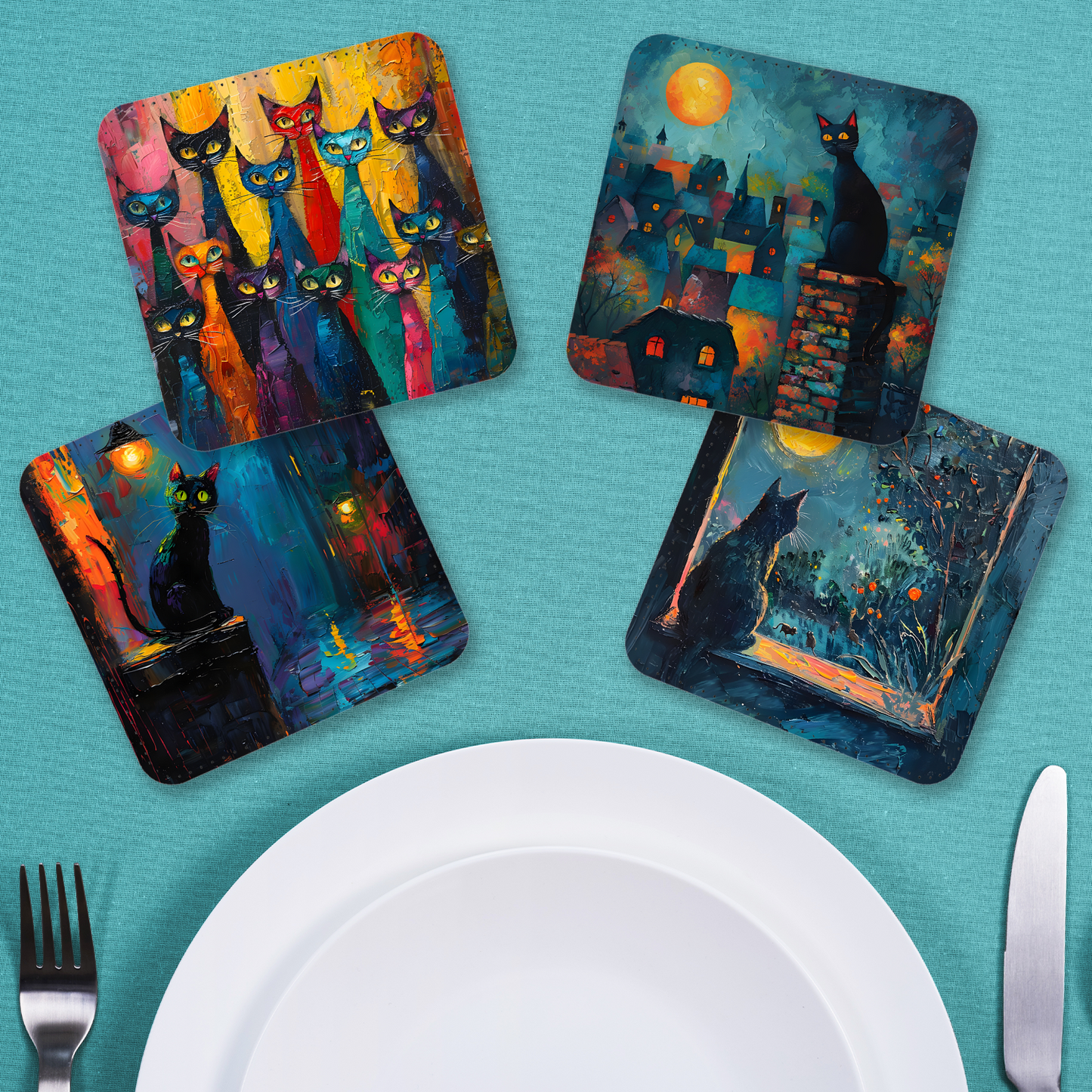 Mystic Felines Set Of 4 PU Leather Coasters