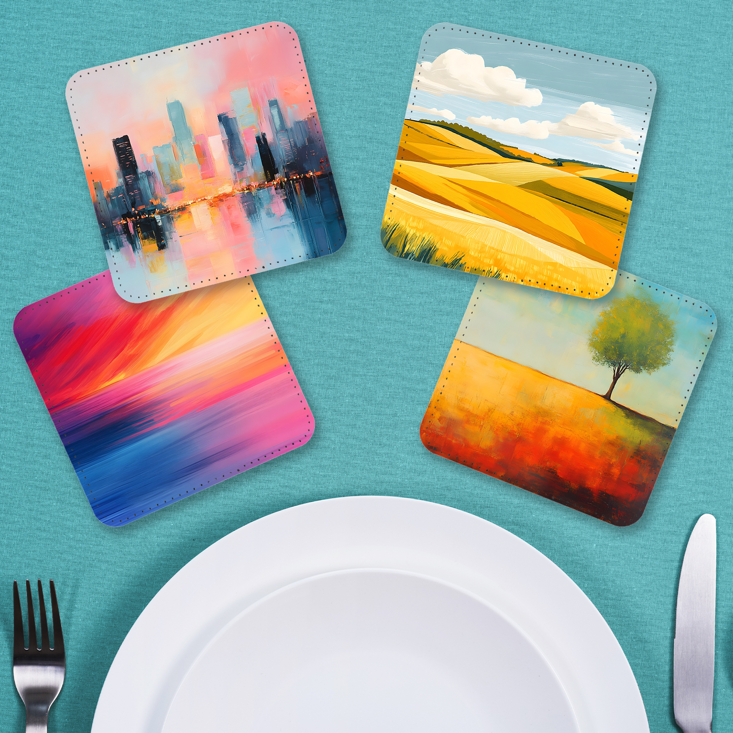 Vibrant Serenity Set Of 4 PU Leather Coasters