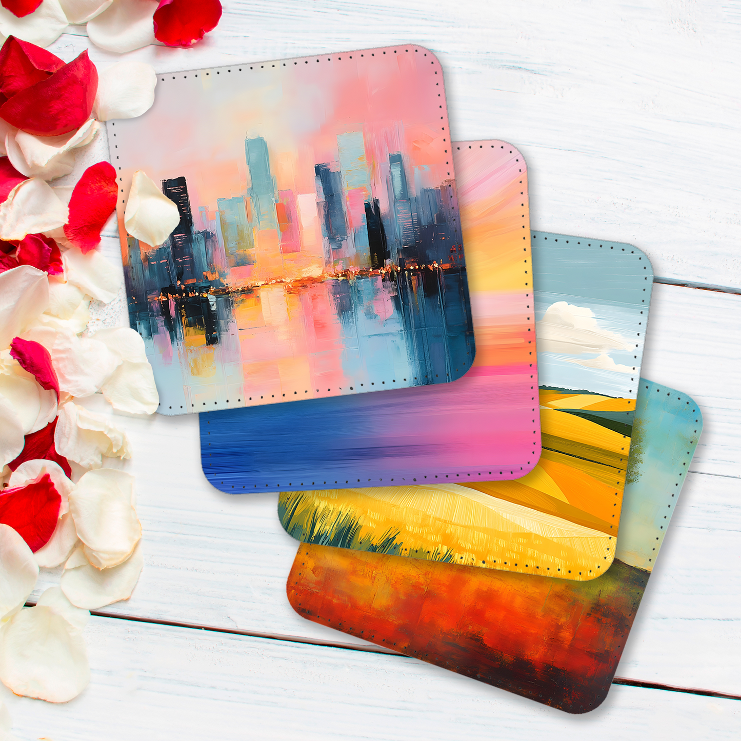 Vibrant Serenity Set Of 4 PU Leather Coasters