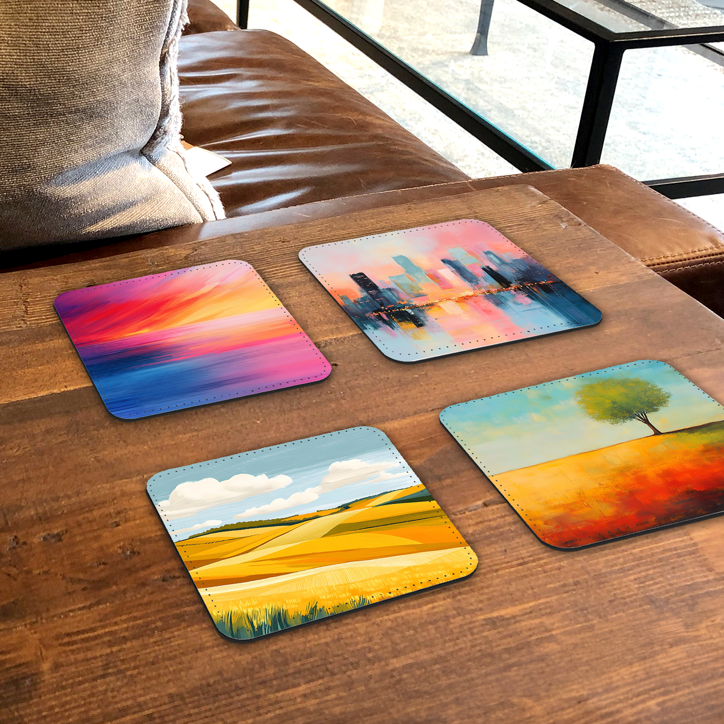 Vibrant Serenity Set Of 4 PU Leather Coasters