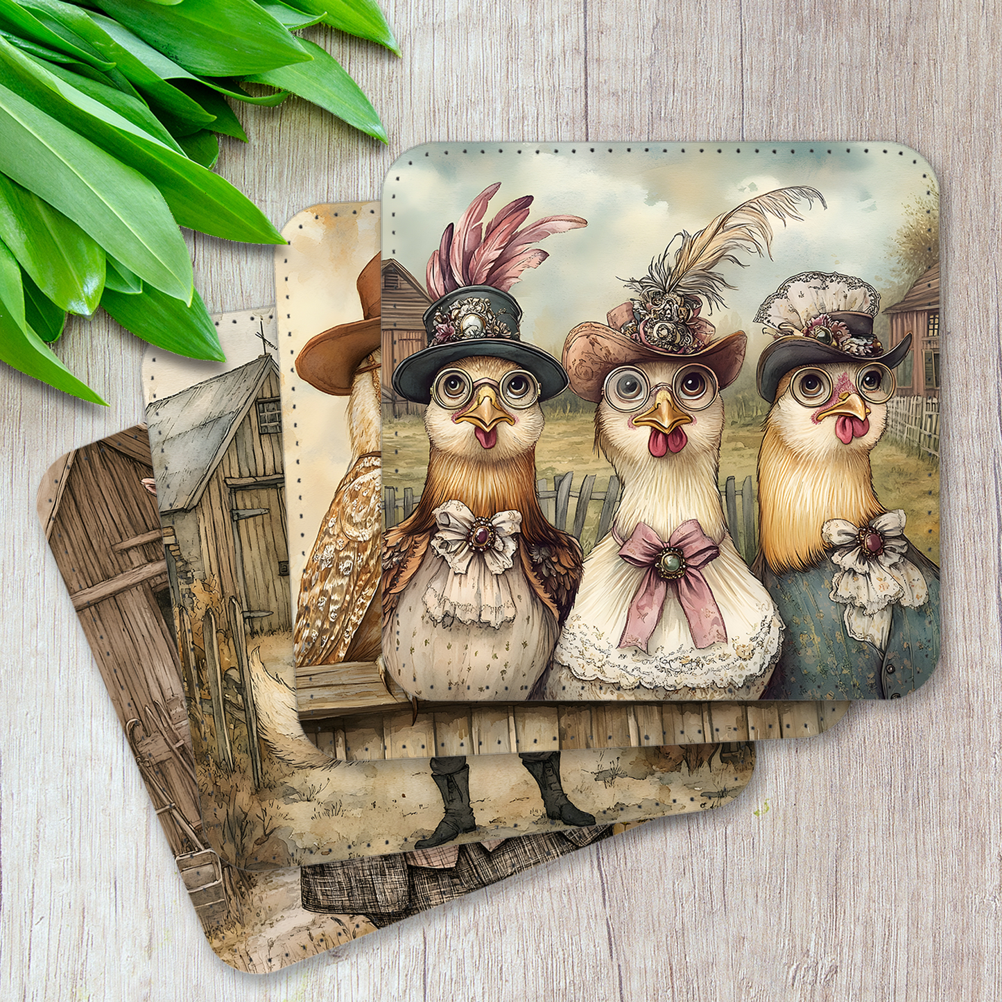 Farmyard Elegance Set Of 4 PU Leather Coasters