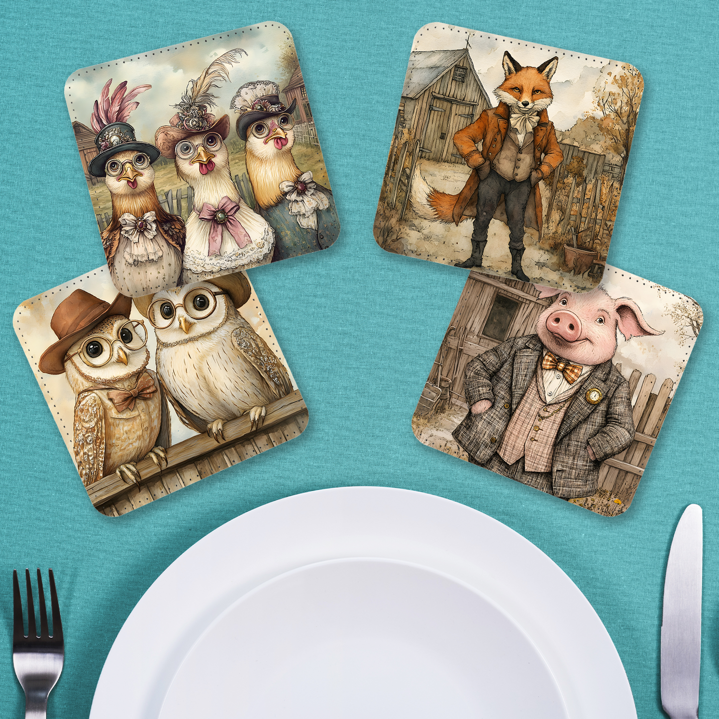 Farmyard Elegance Set Of 4 PU Leather Coasters