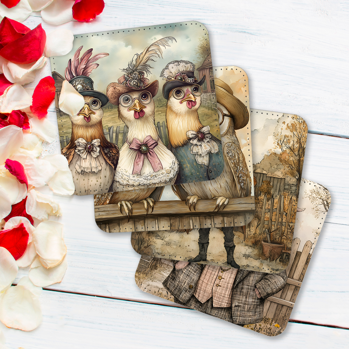 Farmyard Elegance Set Of 4 PU Leather Coasters